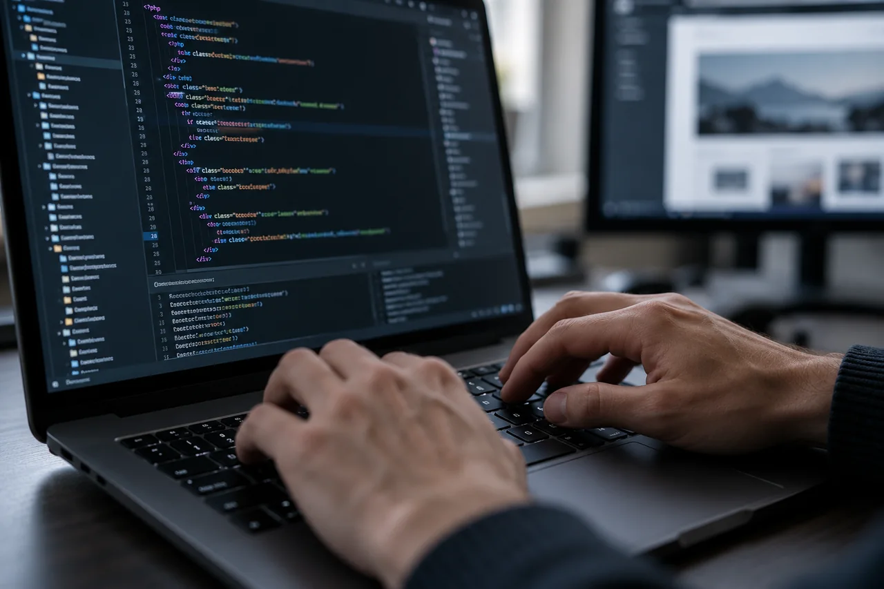 Mains sur un clavier devant un écran de code, illustration du travail de développement web